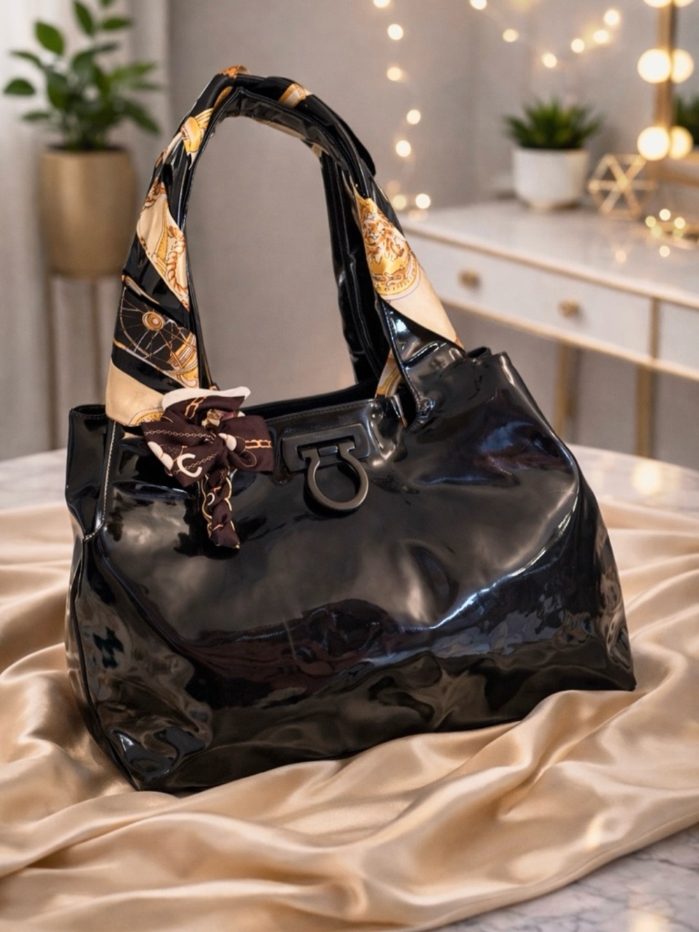 Salvatore Ferragamo Black Patent Leather Gancini LARGE Tote/ Shoulder Bag